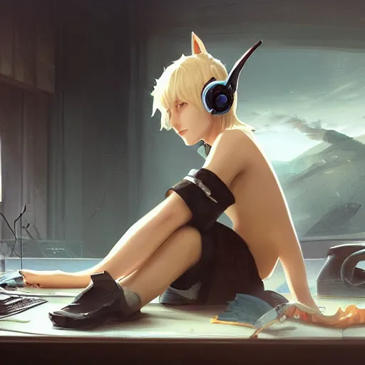 Image similar to a blonde miqo'te sitting in front of a computer wearing headphones, in the style of greg rutkowski, fantasy, amazing detail, epic, elegant, smooth, sharp focus