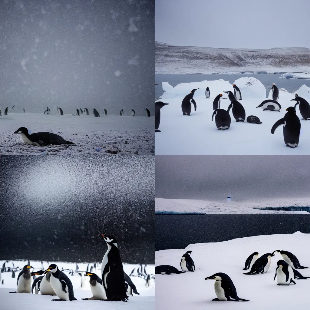 Prompt: nature photography of a man sunbathing in the arctic during a snowstorm surrounded by penguins and seals by