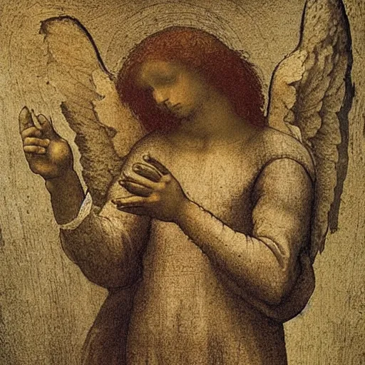 Prompt: Able as an angel in heaven looking down onto earth holding out his hands,medium shot, by Leonardo DaVinci