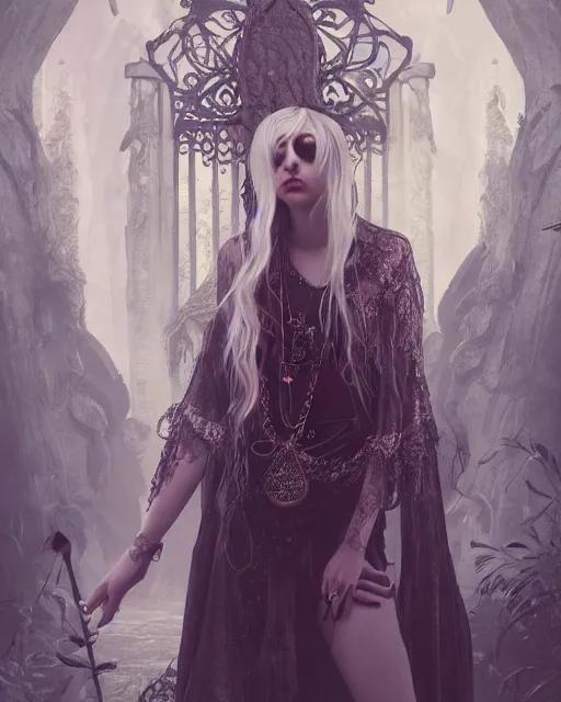 Image similar to Beautiful art portrait of taylor momsen as a fantasy gothic priestess in a bright temple surrounded by lush forest, atmospheric lighting, intricate detail, cgsociety, hyperrealistic, octane render, RPG portrait, ambient light, dynamic lighting