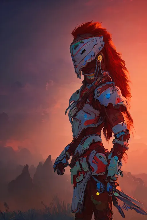 Image similar to combination suit armor aloy horizon forbidden west horizon zero dawn radiating a glowing aura global illumination ray tracing hdr fanart arstation by ian pesty and alena aenami artworks in 4 k tribal robot ninja mask helmet backpack