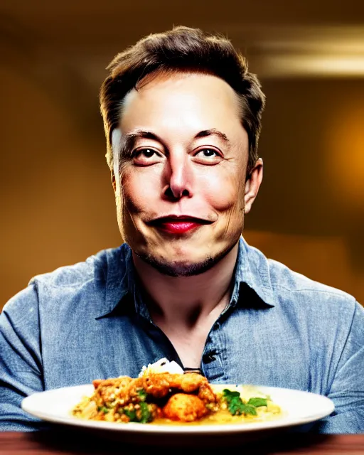 Image similar to a portrait of elon musk sitting at the dining table with a plate containing idli and sambar in front of him, highly detailed, trending on artstation, bokeh, 9 0 mm, f / 1. 4