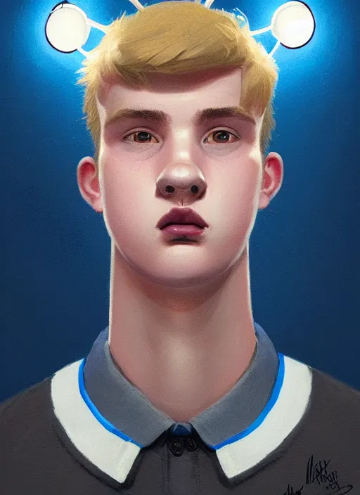 Image similar to portrait of high school senior boy named big moose, blonde short hair, jock, beefy, wide face, square jaw, square facial structure, blue varsity jacket with letter r, intricate, elegant, glowing lights, highly detailed, digital painting, artstation, concept art, sharp focus, illustration, art by wlop, mars ravelo and greg rutkowski