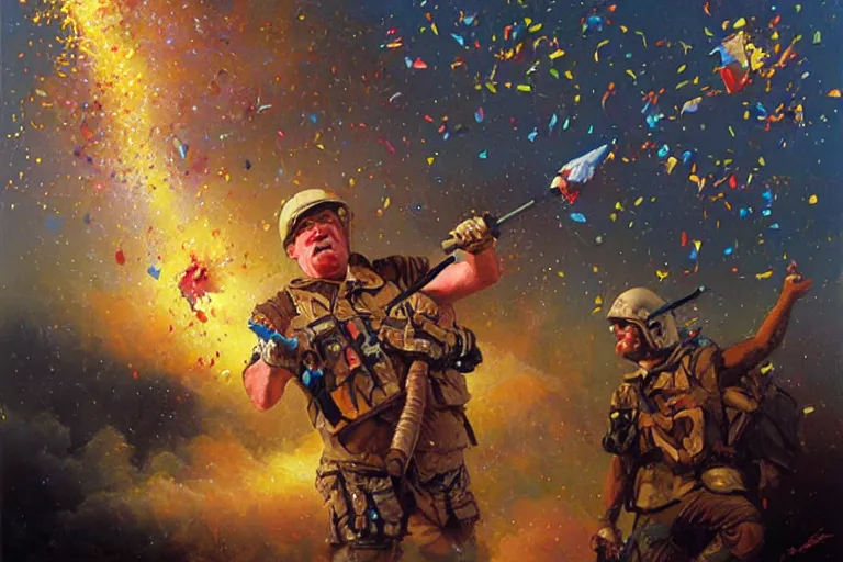 Image similar to portrait of rip taylor throwing confetti during desert storm war, an oil painting by ross tran and thomas kincade