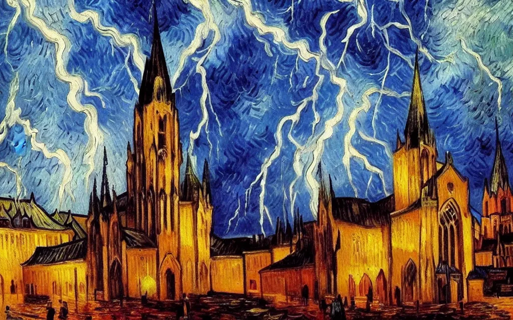 Image similar to atmospheric detailed expressionist oil painting of lightning storm over a tall gothic church, landscape painting, expressionism, blues, dramatic lighting, 8 k resolution detailed art, small brushstrokes, watercolor palette, painted by vincent van gogh