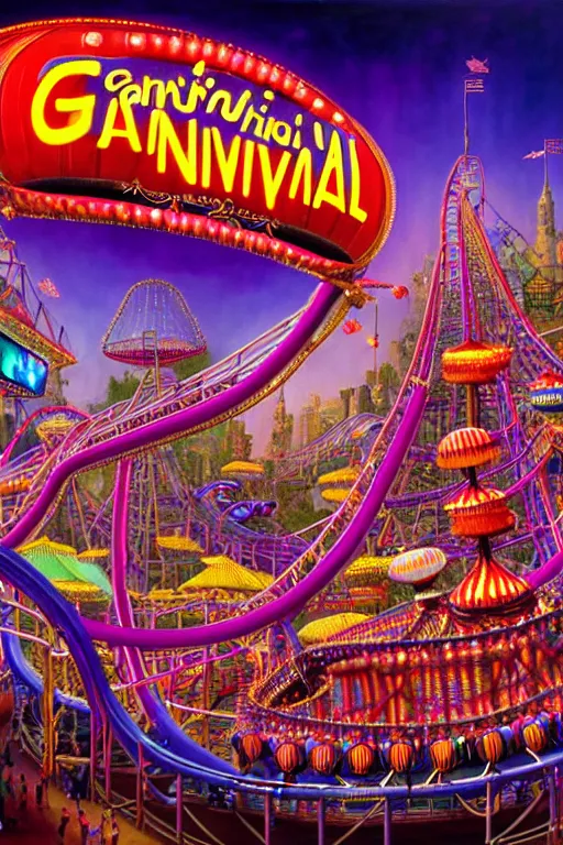 Prompt: a hyperrealistic detailed painting of a epic grandiose carnival in town with rides, games, prizes, glowing lights, colorful, chimeric creatures riding a rollercoaster. cinematic lighting, depth perspective, depth of field, cinematic angle, by chris cunningham and richard corben, highly detailed, vivid color,