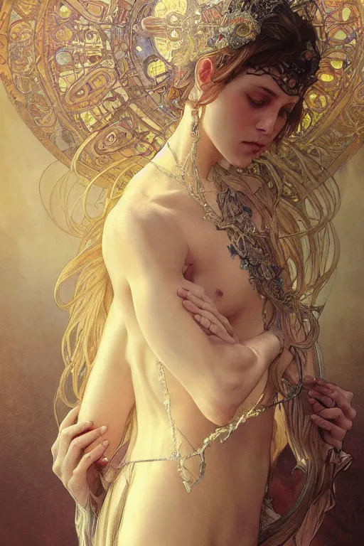 Image similar to a full body portrait of a beautiful ethereal delicate suzerain mage queen meditative sacral pose catholic stages of the cross, intricate, elegant, highly detailed, digital painting, artstation, concept art, smooth, sharp focus, illustration, art by krenz cushart and artem demura and alphonse mucha