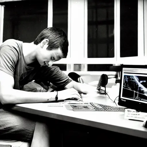 Prompt: spiderman sat at a desk playing games on a computer, 3 5 mm film photograph