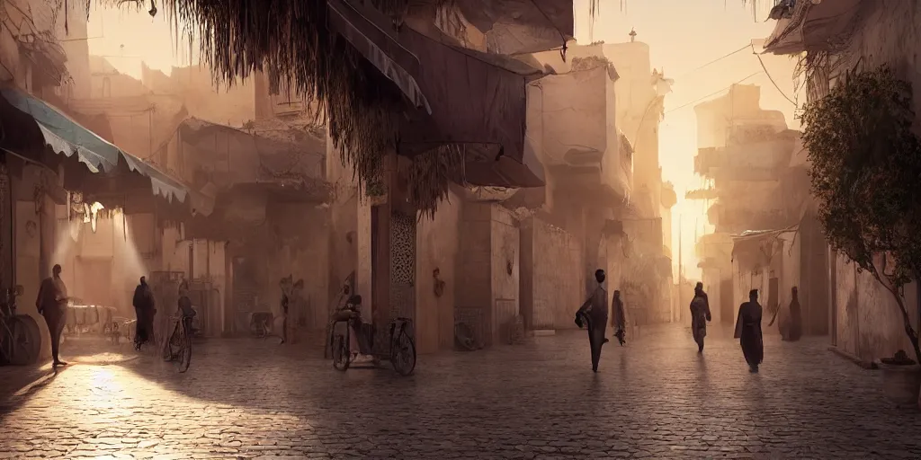 Image similar to Marrakech , beautiful dynamic lighting, cinematic, wide angle establishing shot, extremely high detail, photo realistic, cinematic lighting, post processed, concept art, artstation, matte painting, style by eddie mendoza, raphael lacoste, alex ross, volumetric lighting, light rays, photorealistic, ultrarealistic, moody, coronarender, 8k