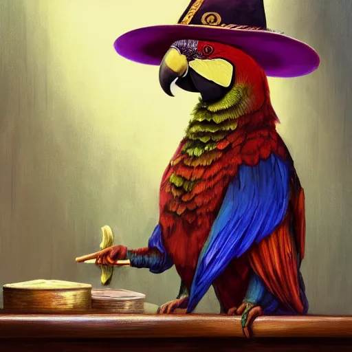 Prompt: Anthropomorphized parrot trader in his shop, selling a gem, portrait, items, magic potions, carpet, window, fancy hat, sly expression , cunning expression, cute expression, presenting magic gem, D&D, fantasy, cinematic lighting, highly detailed, digital painting, artstation, concept art, smooth, sharp focus, illustration, warm light, cozy warm tint, magic the gathering artwork, volumetric lighting, 8k, no gold, no gold colours, art by Akihiko Yoshida, Greg Rutkowski