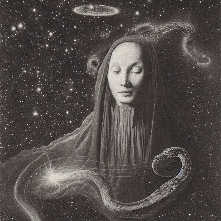 Image similar to a closeup portrait of a cloaked woman floating next to a snake nebula, snake nebula, by jan van eyck