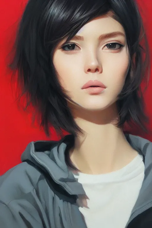 Image similar to A ultradetailed beautiful portrait panting of a stylish woman looking at the camera, she is wearing streetwear, Oil painting, by Ilya Kuvshinov, Greg Rutkowski and Makoto Shinkai