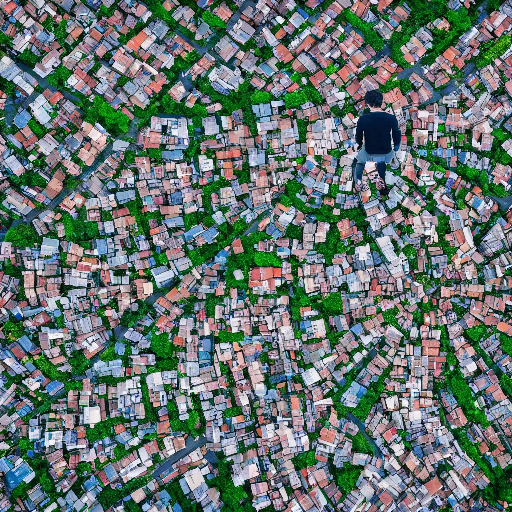Image similar to pov of a man standing on a flying castle looking down at village in the ground in the style of spirited away