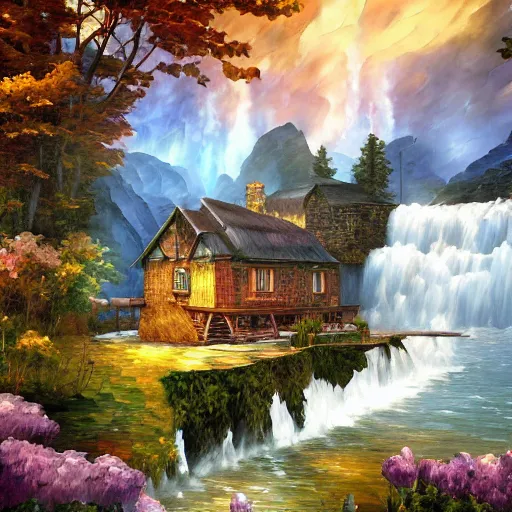 Image similar to cottage on waterfall cryengine render by android jones, james christensen, rob gonsalves, leonid afremov and tim white