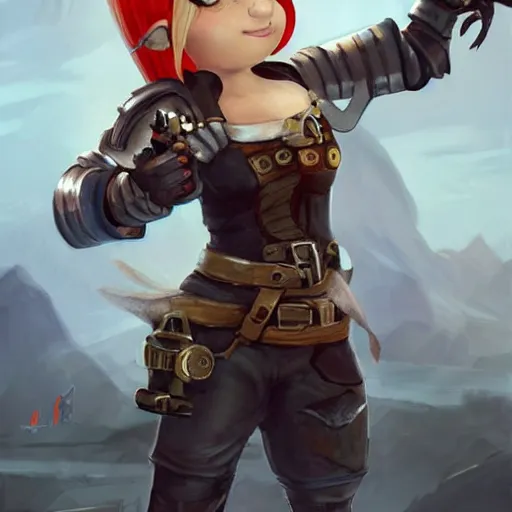 Prompt: full body character design, scrappy female gnome mechanic with pixie undercut hair and one prosthetic metal gauntlet arm standing on a ship deck, naval background, fantasy, D&D, full body portrait, highly detailed, digital painting, HD, trending on ArtStation, dark fantasy, great composition, concept art, matte, sharp focus, illustration, art by artgerm and greg rutkowski