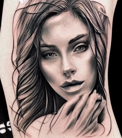 Image similar to tattoo design sketch of a beautiful woman face against a background of beautiful nature, hyper - realistic, in the style of den yakovlev, amazing detail, black and white
