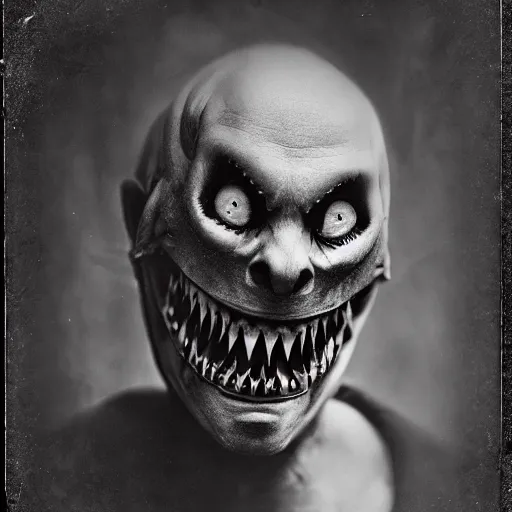 Image similar to demon human with shark jaws, with an evil grin. portrait, tintype, realistic. scary.