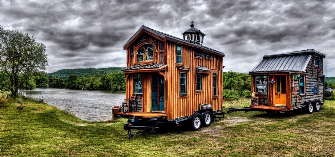 Image similar to tiny house, river, steampunk, 8k, realistic, high definition, 10 bit colour, hdr