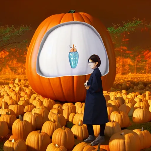 Image similar to A white girl with dark brown hair in lab coat lives inside a magical japanese hokaido pumpkin, hyperrealistic digital art