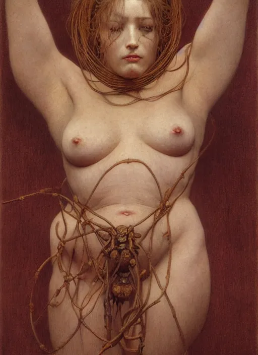 Prompt: hyper realistic painting of shibari, detailed and perfect face, perfect and proportional body, in the style of wayne barlowe, gustav moreau, goward, gaston bussiere and roberto ferri, santiago caruso, and austin osman spare, bouguereau, mucha, saturno butto, sorayama. occult art, alchemical diagram