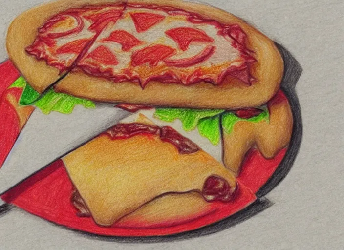 Prompt: a pizza eating a small burger, colorfull pencil drawing