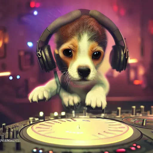 Prompt: puppy as a DJ, 8k, fantasy, intricate, cinematic lighting, highly detailed, digital painting, artstation, concept art, smooth, sharp focus, illustration, by Pixar