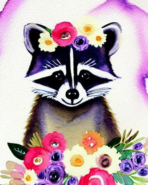 Image similar to a painting of a raccoon wearing a flower crown, a watercolor painting by annabel kidston, a storybook illustration, trending on pinterest, rococo, muted colors, soft, smooth, made of flowers, watercolor, whimsical, white paper, minimalist, simple