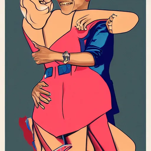 Prompt: barack obama hugging nicki minaj from behind, soviet colored propaganda poster, highly detailed illustration