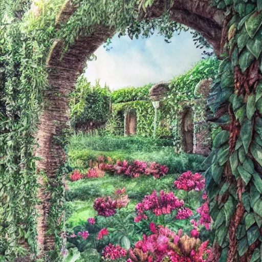 Image similar to delicate garden on paper floating puffy vines old book botanical herbarium botanic watercolors iridescent 8 k wide angle realistic artstation italian rainbow colonnade oak pinecone architecture pompeii