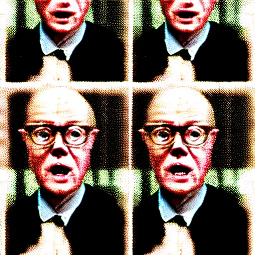 Image similar to stereoscopic image of gilbert and george being possessed by the ghost of alan turing, chromatic aberration, noise, butcher billy style