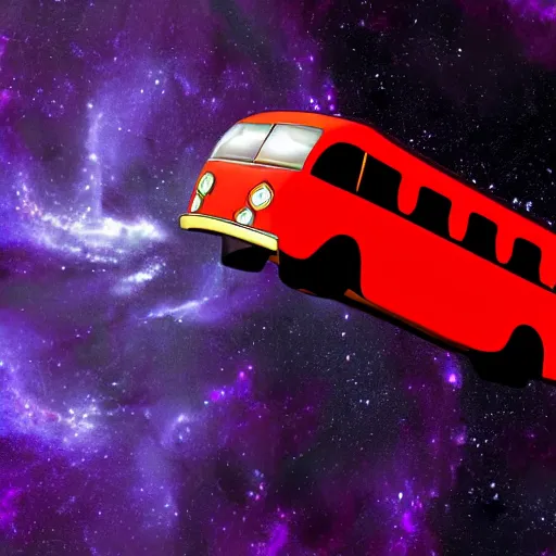 Prompt: Soviet era bus in space in front of a purple nebula