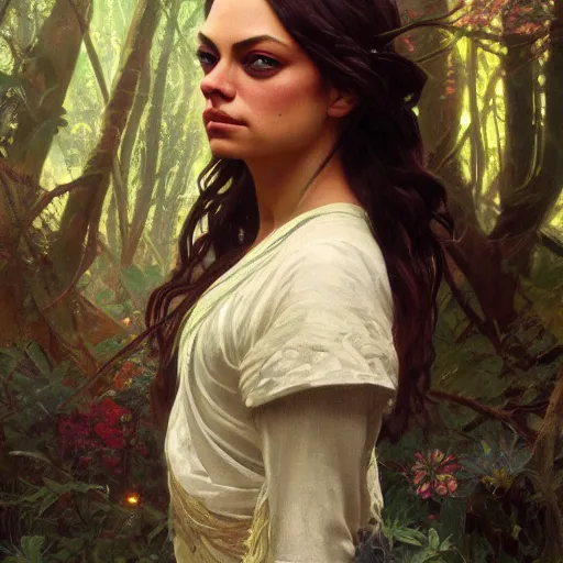 Prompt: a beautiful closeup portrait of mila kunis, magical forest background, serene colors, dramatic light, gorgeous view, depth, high detail, digital art, painted by alphonse mucha and greg rutkowski, trending on artstation