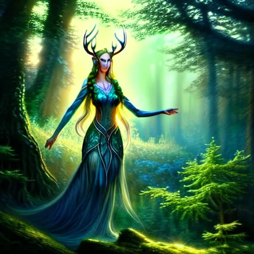 Image similar to beautiful hyper realistic elven, celestial highly detailed magic stag, in a beautiful highly detailed forest background. blue light. sunlight rays throught the trees. intricate, elegant, fantasy art, concept art 8 k rendering.