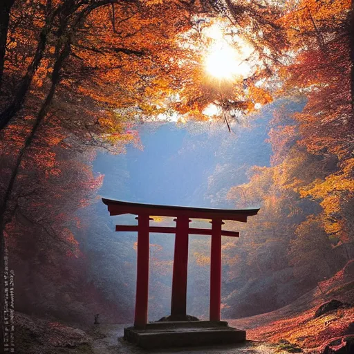 Image similar to Japanese Torii in a moutain , morning , sunshine , by Grzegorz Rutkowski