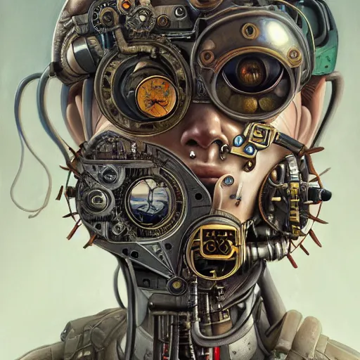 Image similar to portrait painting of a steampunk cyborg conspiracy theorist, transhumanism, ultra realistic, concept art, studio ghibli, intricate details, eerie highly detailed