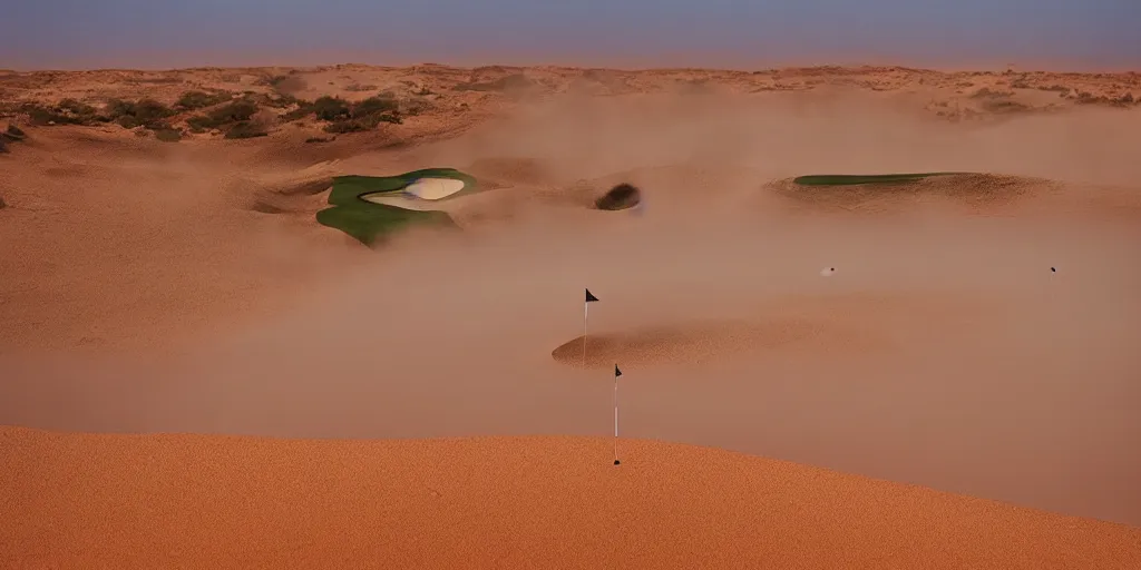 Prompt: a great photograph of the most amazing golf hole in the world, in the sahara desert, ambient light, golf digest, top 1 0 0, fog