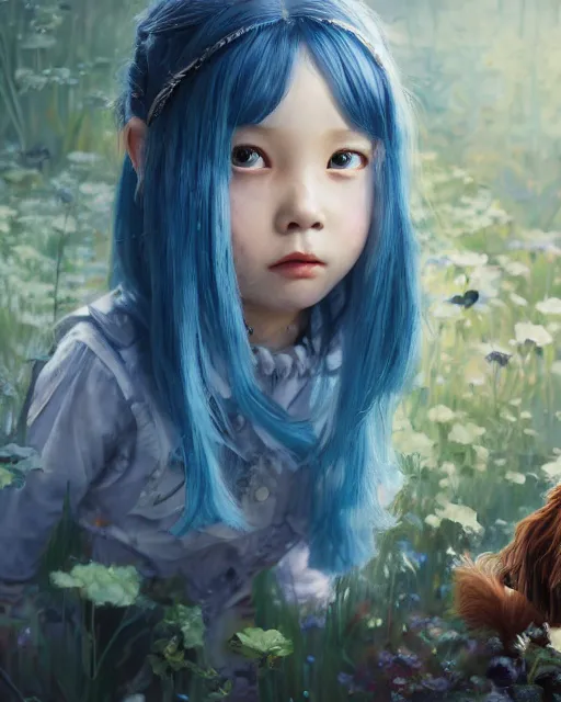 Prompt: a highly detailed oil painting of A little girl, in professional makeup, with medium length blue hair covering an eye, and a garden with dog, and large obsidian crystals, cinematic lighting, dramatic atmosphere, by Dustin Nguyen, Akihiko Yoshida, Greg Tocchini, Greg Rutkowski, Cliff Chiang, 4k resolution, trending on artstation