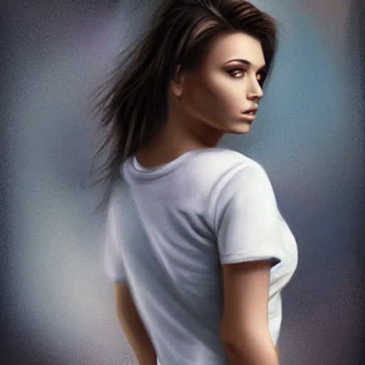 Image similar to woman in jeans wih belly, white t - shirt, realistic style, digital painting, diego fazio, samuel silva