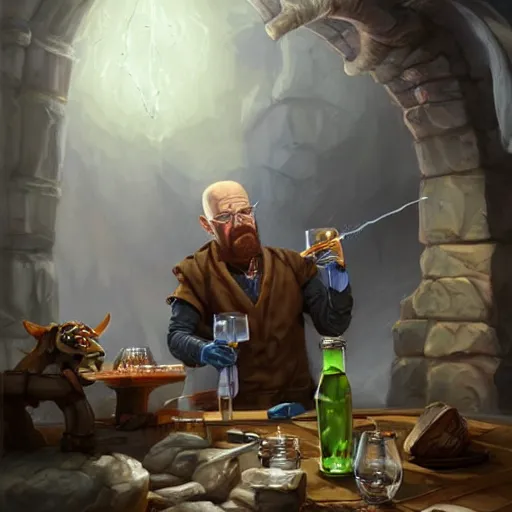 Image similar to Walter White as an Alchemist mixing the Potion of Swift Wind, fantasy illustration by Tony Sart, Trending on artstation