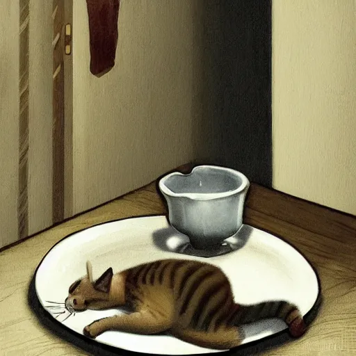 Prompt: cat drinks milk from a small porcelain plate, in game pathologic 2, digital art, steppe colours, cinematic composition, sharp, details, hd