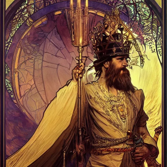 Image similar to an aesthetic! a detailed portrait of a man in a long beard, with a crown, holding a lantern with piles of gold in the background, by frank frazetta and alphonse mucha, oil on canvas, art nouveau dungeons and dragons fantasy art, hd, god rays, ray tracing, crisp contour lines, huhd