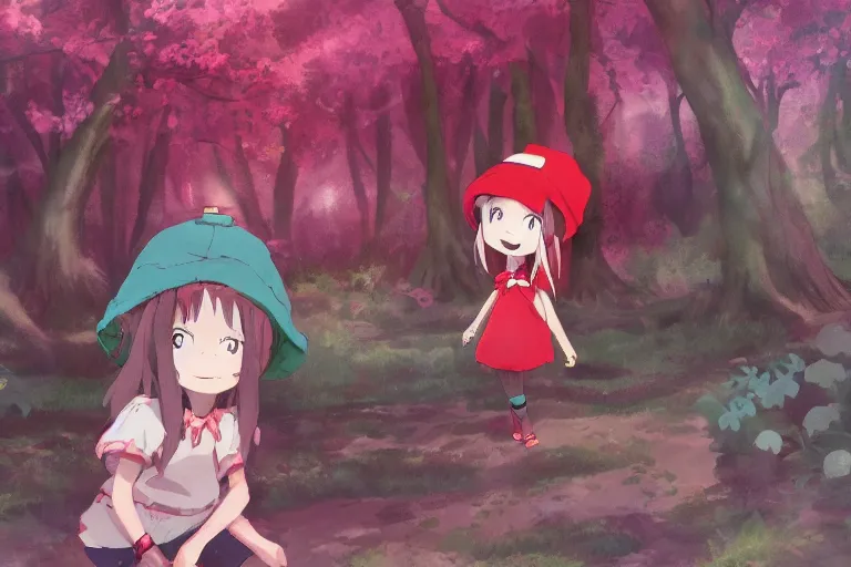 Prompt: concept art ofa little girl in the red hat,forest, happy in anime style