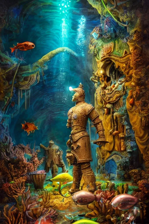Image similar to a stunning ultra detailed underwater fantasy fine art photo of a granite statue of a terracotta warrior holding a glowing lamp, surrounded by colorful fishes, by tomasz alen kopera and anna dittman, water bubbles, very detailed, deep depth of field, 5 0 mm lens, soft lighting, artstation, highly coherent, 8 k