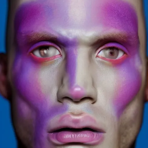 Prompt: a close up portrait of a beautiful athletic young male alien with pink and blue ombre color skin , photographed by erwin olaf, artistic