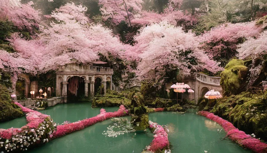 Prompt: a Sophia Coppola 35mm film still of a very surreal magical European castle with a cafe in a lush waterfall garden, falling cherry blossoms pedals, in the style of Gucci and Wes Anderson glowing lights and floating lanterns, foggy atmosphere, rainy, moody, muted colors, magic details, very detailed, 8k, cinematic look