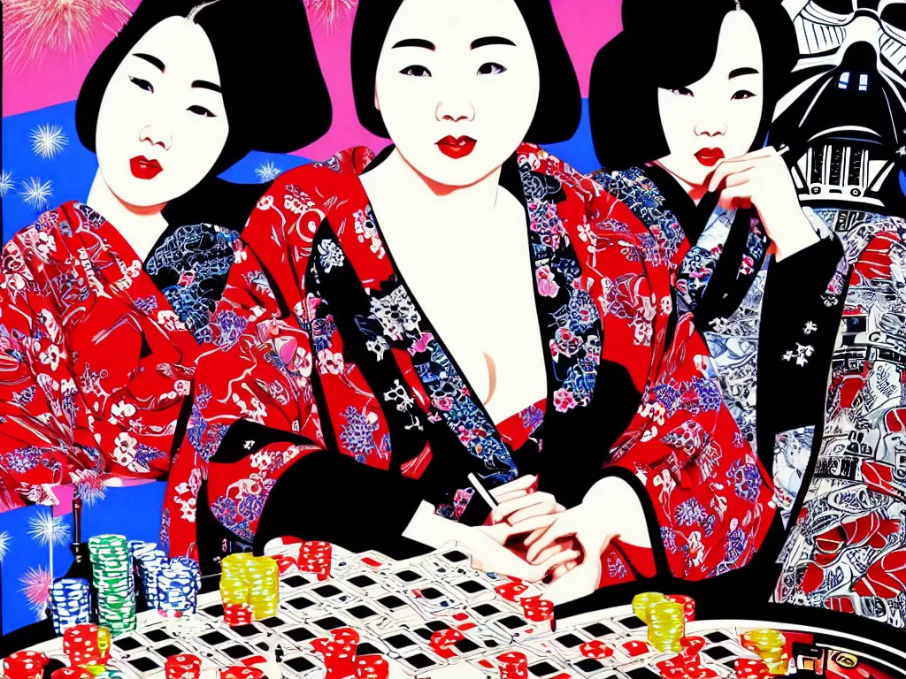 Image similar to hyperrealistic composition of the detailed woman in a japanese kimono sitting at a poker table with detailed darth vader, fireworks, mount fuji on the background, pop - art style, jacky tsai style, andy warhol style, acrylic on canvas