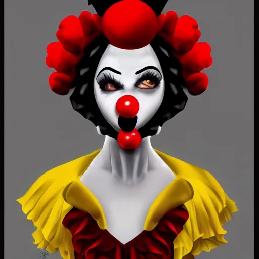 Prompt: A high quality illustration of a goth-clown hybrid, wearing ruffles and a with a red nose, trending on artstation, hd, behance contest winner