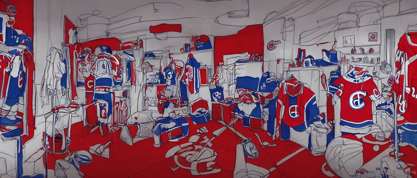 Image similar to montreal canadiens habs centre bell hockey dressing room, style of studio ghibli + moebius + basquiat, cute, detailed,