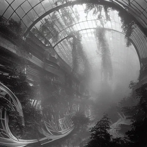 Image similar to 1 9 0 0 s photo overgrown zaha hadid alphonse mucha spaceship symmetry godrays haze ruins in jungle dripping sunlight