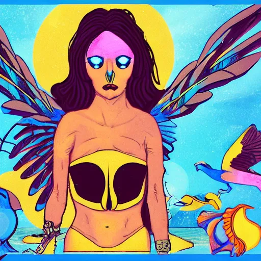 Prompt: dmt ego death + vulture + knife + hourglass + fish with wings + bikini girl + demon